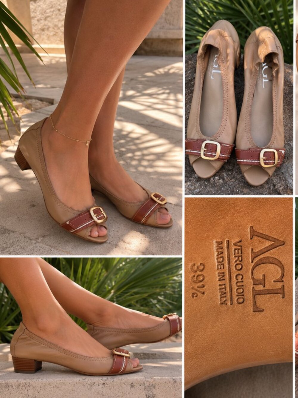 AGL Italy Leather Peep Toe Low Heel Pumps Tan Buckle Shoes Women's 9.5